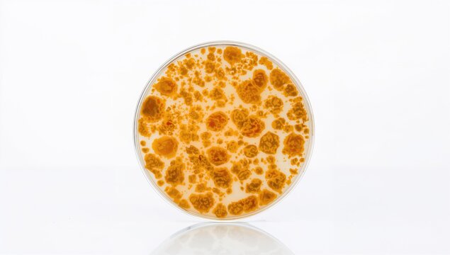Laboratory scene with orange Actinomyces bacteria colonies on agar demonstrating microbial growth for medical study