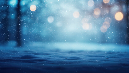 Dreamy Soft Bokeh Snowfall Background for Greeting Cards and Banners, blue background, Beautiful Winter Snow Background with Christmas Tree, Snowfall, and Festive Holiday Scenery