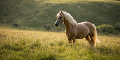 Fototapeta premium Palomino horse in a grassy meadow, natural outdoor environment, rural landscape, and equine activity