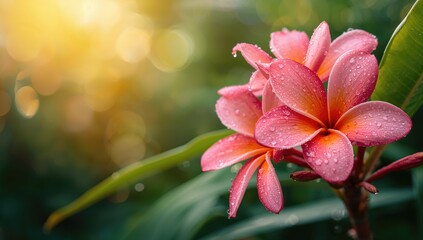 Fototapeta premium Detailed view of pink frangipani blossoms, suitable for floral decor and nature-themed layouts