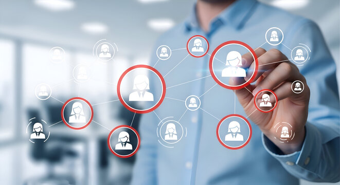 Businessman interacts with a digital network interface highlighting key personnel connections and organizational structure in a modern office setting