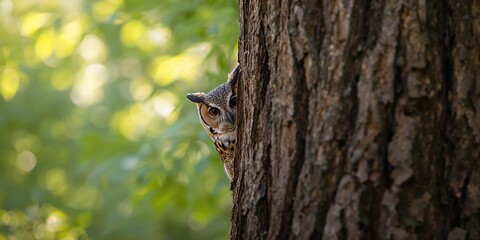 Fototapeta premium Great Horned Owl partially visible in a redwood tree, wildlife observation and natural habitat, Earth Day