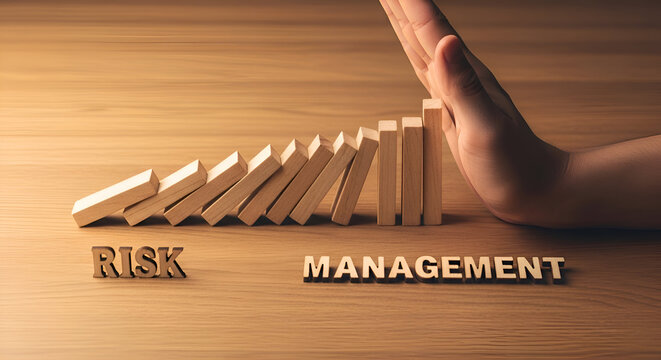 Conceptual representation of stopping a chain reaction of falling domino blocks symbolizing proactive risk management and business protection on a wooden surface