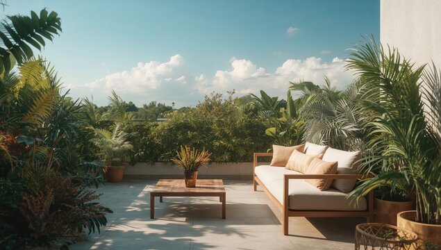 Balcony setting with comfortable furniture and potted plants under a bright sky, emphasizing leisure and outdoor living - Powered by Adobe