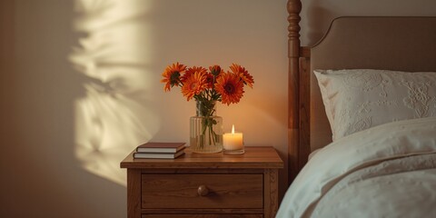 Relaxing bedroom arrangement featuring a lit candle, floral vase, and open book, designed for restful environments, Earth Day