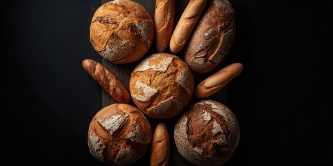 Selection of various bread types with different shapes and crusts displayed against a dark backdrop for bakery showcase