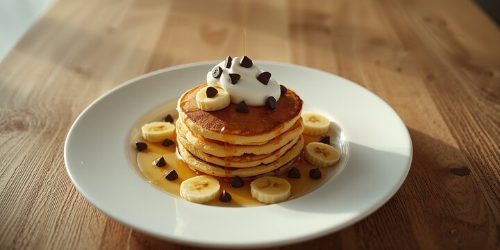 Girl enjoying a breakfast of corn pancakes with caramelized bananas, yogurt, and chocolate chips, focused on wholesome eating - Powered by Adobe