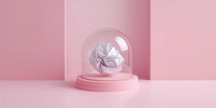 Glass dome encasing crumpled paper on a pink backdrop, serving as a minimalist art or presentation piece - Powered by Adobe
