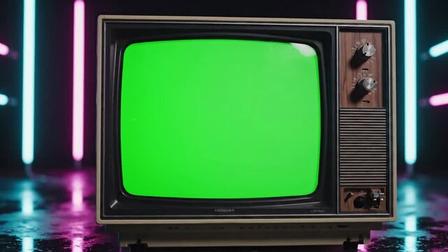 Vibrant signal hums through green with vintage 80s tv with green effect green screen style featuring green screen, vintage tv, retro