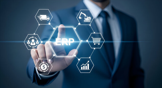 Businessman interacts with a glowing digital interface displaying erp system modules for logistics finance human resources sales and construction management