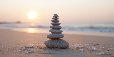 Obraz premium Beach scene with small stones on sand at dusk, ideal for editorial header backgrounds