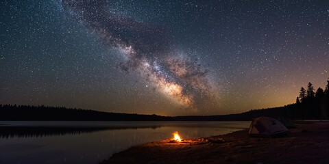 Camping setup on the shoreline beneath a starry Milky Way sky, ideal for outdoor adventure