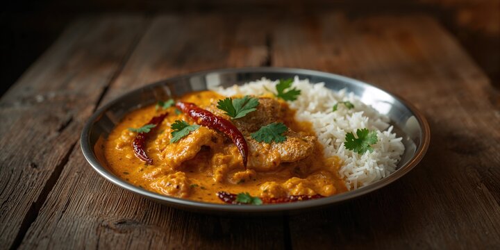 Plate of catla fish curry with yogurt accompanied by white rice, topped with red chili and coriander, on a wooden surface, suitable for cultural cuisine
