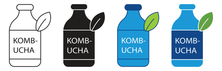 Kombucha icon Set Multiple Style Collection. Kombucha homemade tea in bottle isolated on white background, Vector illustration.