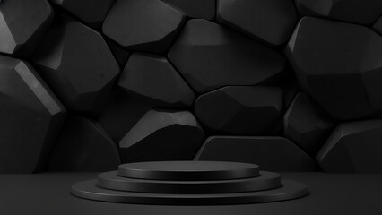 Black podium background with black stone.
