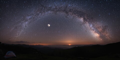Fototapeta premium Starry sky with Milky Way, moon, and sun at dawn over Doi Mon Jong in Chiangmai, Thailand, for astronomical observation