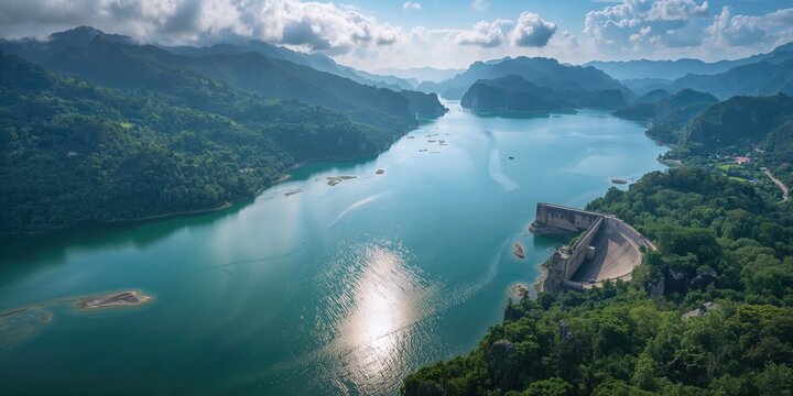 Aerial view of a dam surrounded by lush forest and mountains in a summer landscape, water and sky, travel scene