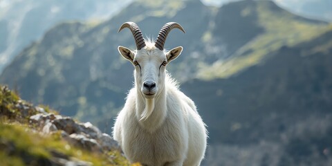 Obraz premium Close up portrait of mountain goats their textured fur and horns, suitable for wildlife research backgrounds
