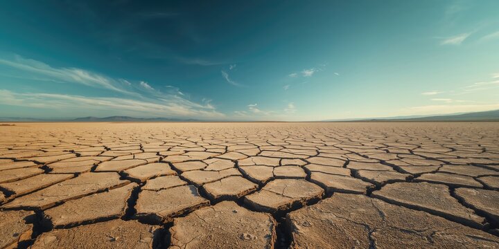 Parched soil with fissures in a lagoon highlighting environmental degradation, Earth Day