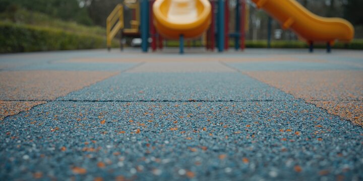 Outdoor playground flooring featuring seamless rubber surface in vibrant blue, orange, and gray tones, designed for impact absorption, Earth Day