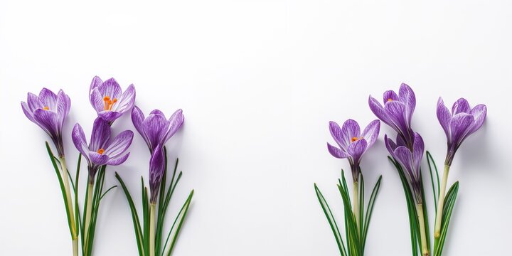 Lilac crocus flowers with leaves in a creative layout for spring-themed decor, seasonal change