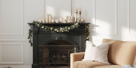 Fototapeta premium Fireplace corner with brick surround, warmth and home interior design, seasonal awareness day