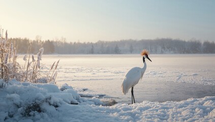 Fototapeta premium Observing a red-crowned crane in the wild, highlighting conservation efforts