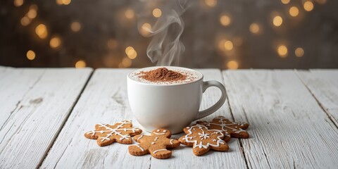 Hot cocoa with gingerbread cookies on a white wooden table, seasonal holiday enjoyment