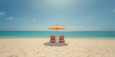 Naklejka premium Lounge chairs with sun umbrella on a beach water, sky, beach, summer, travel, nature, sun, white, sea, blue, relaxation setting