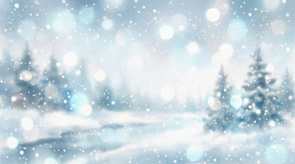 Beautiful Winter Snow Background with Christmas Tree, Snowfall, and Festive Holiday Scenery