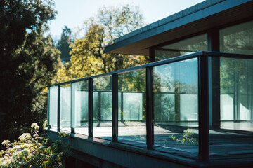 Obraz premium This modern house features a transparent glass terrace railing that provides a clear view. The open space allows natural light to fill the area and enhance the simple design