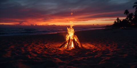 Sunset beach scene featuring a bonfire with flickering flames and tranquil ocean backdrop, suitable for leisure activities