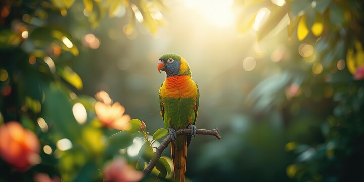 Bright caique parrot perched among garden foliage, tropical bird diversity