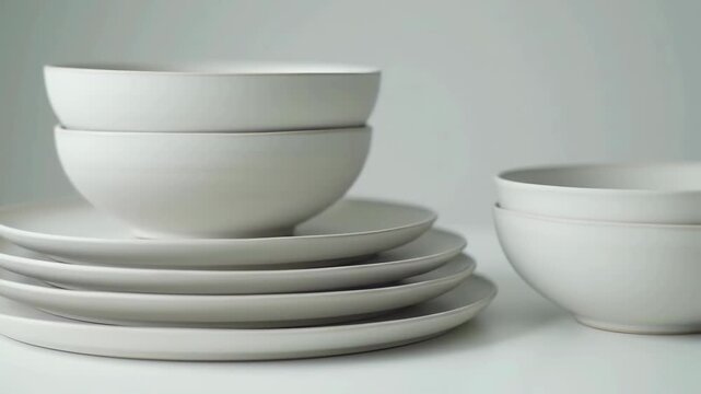 Elevated view of stacked white ceramic bowls and plates. Minimalist clean design, neutral background and tableware arrangement for domestic use.