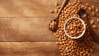 Almonds set in cups and spoons on a wooden surface, illustrating healthy snack presentation and dietary focus