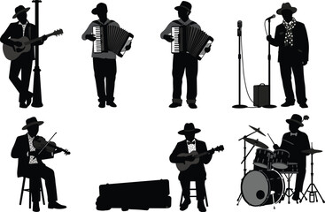 Silhouettes of diverse musicians playing guitar, accordion, violin, drums, and singing, vintage band performance illustration for music, concert, entertainment themes