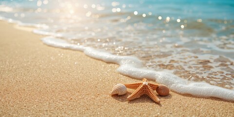 Collection of seashells resting on a sandy shoreline, ideal for beach-themed UI backdrop