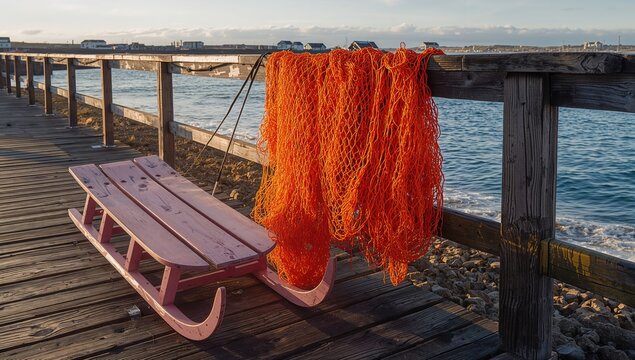 Detailed view of a pink wooden sled on a dock, featuring orange fishing nets over a wooden railing, maritime environment