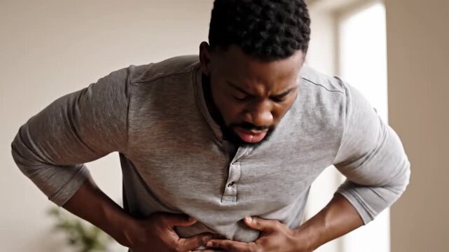 Man Experiencing Severe Abdominal Pain and Discomfort Emotionally, Portrait View