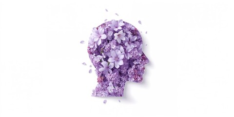 Human head silhouette filled with fresh lilac flowers, symbolizing mental health and wellbeing, mental health awareness day