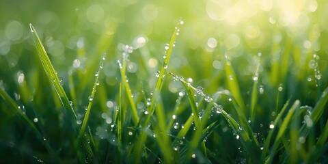 Naklejka premium Dew drops on grass blades, macro shot natural moisture and freshness, Earth Day