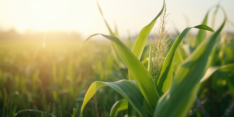 Detailed view of corn foliage in a cultivated field highlighting crop development and farming practices
