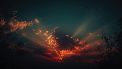 Naklejka premium Sunset behind a beautiful crescent moon and dark clouds creating a tranquil evening scene for Ramadan prayer time, New Moon