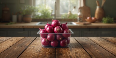 Vibrant onions stored in a transparent container on wood, highlighting food storage and preparation, World Food Day