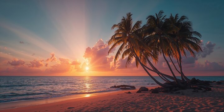Tropical beach scene featuring palm trees, ideal for use as a nature backdrop for travel content - Powered by Adobe