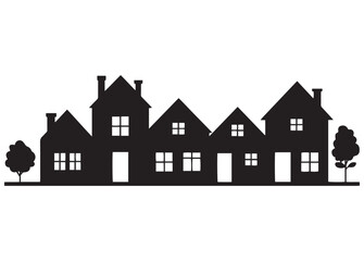 Fototapeta premium Silhouette of a row of charming houses with trees on a white background