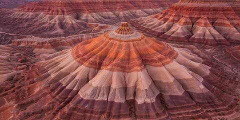 Obraz premium Bird's-eye perspective of vibrant sedimentary rock layers in the Painted Desert, Arizona, highlighting geological features and seasonal change
