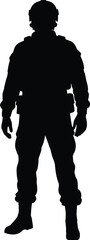 &ldquo;Silhouette of tactical soldier standing in combat gear on white background, military figure illustration suitable for security, defense and warfare concepts&rdquo;