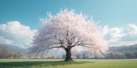 Cherry blossom tree in full bloom with white flowers against a bright blue sky, springtime scene