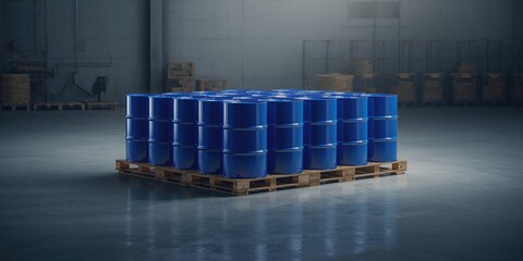 Custom-made drums filled with liquid chemicals stored on pallets in a warehouse for industrial delivery, safety and handling procedures